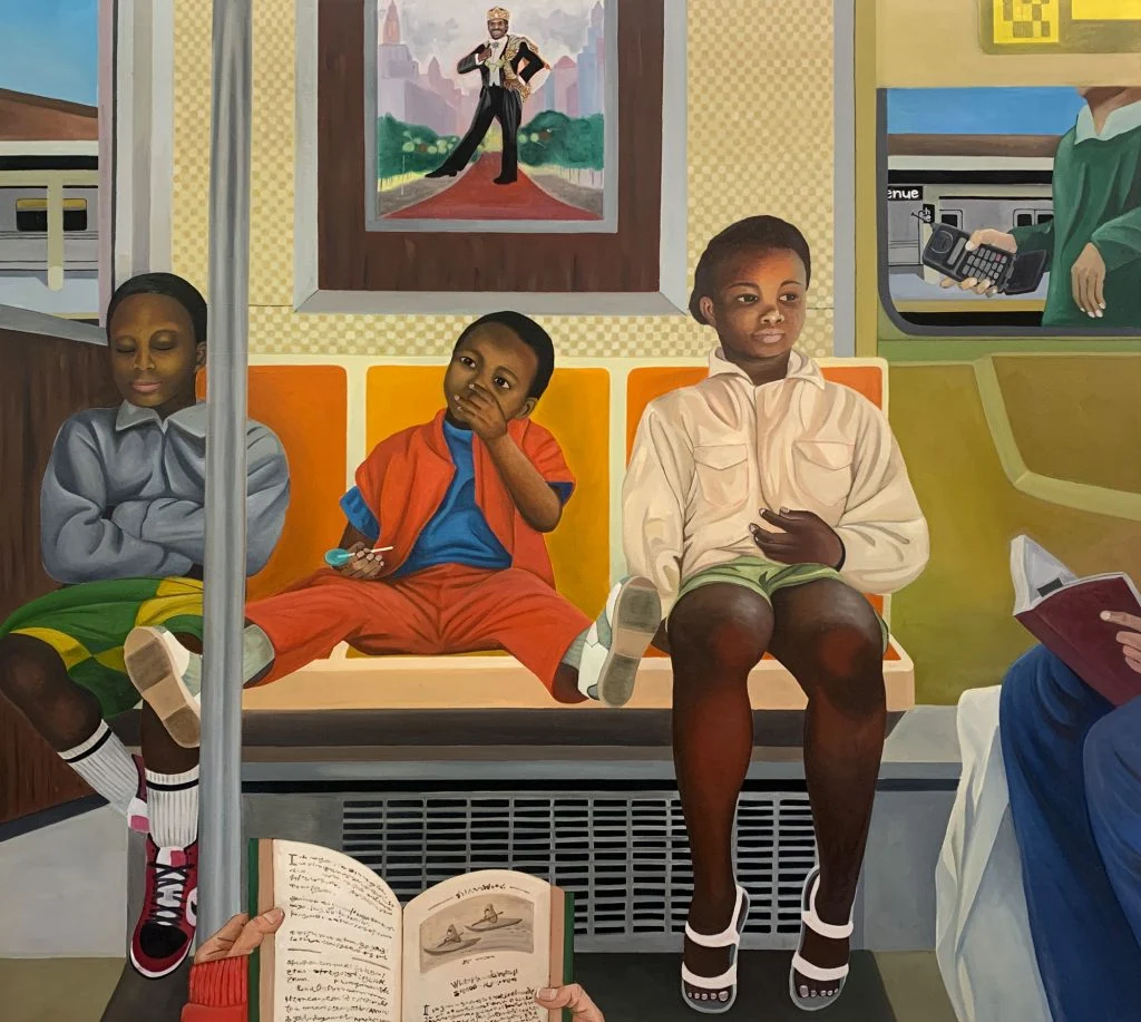 Mayumi Nakao’s piece for the The Brooklyn Artists Exhibition, backed by UOVO, is a subway scene showing three young children.