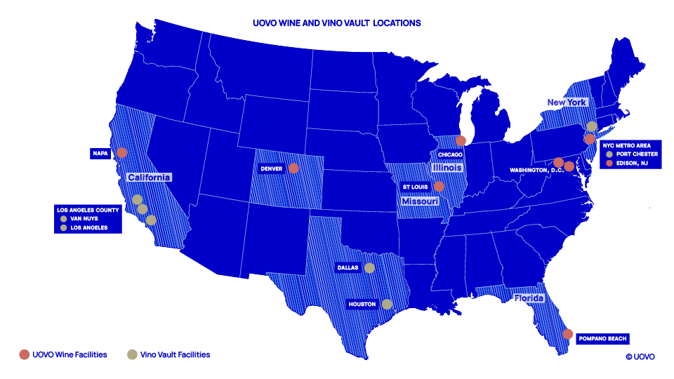 US Map shows UOVO Wine and Vino Vault locations, with facilities in major cities like NYC metro area and California. 